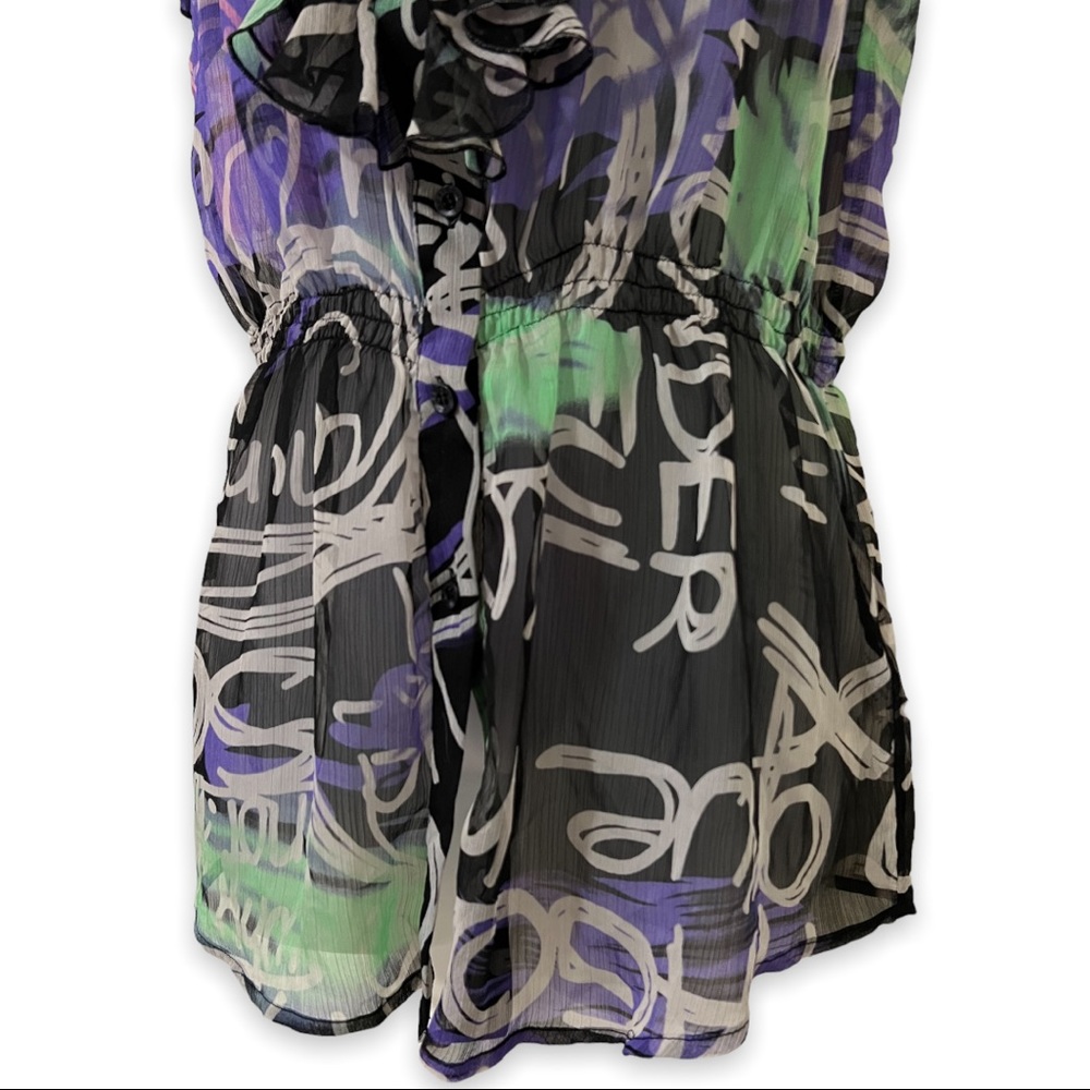DESIGUAL Sleeveless Ruffle Top Button Front Graffiti Print Semi Sheer Large - Picture 7 of 10